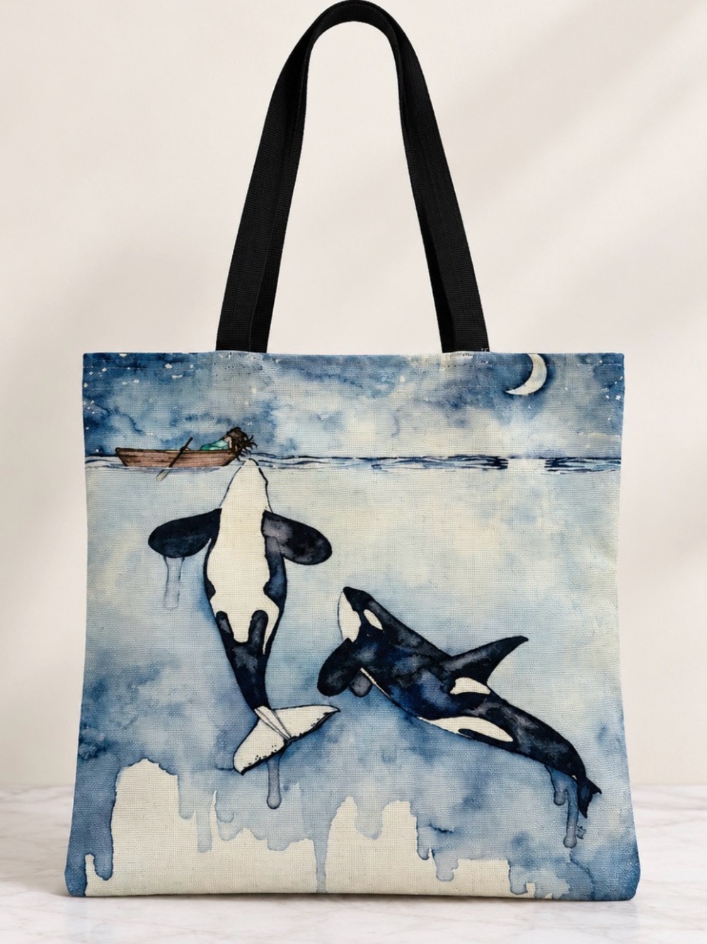 Orca Whale Print Tote Bag Blue Black Ocean Art Shoulder Bag